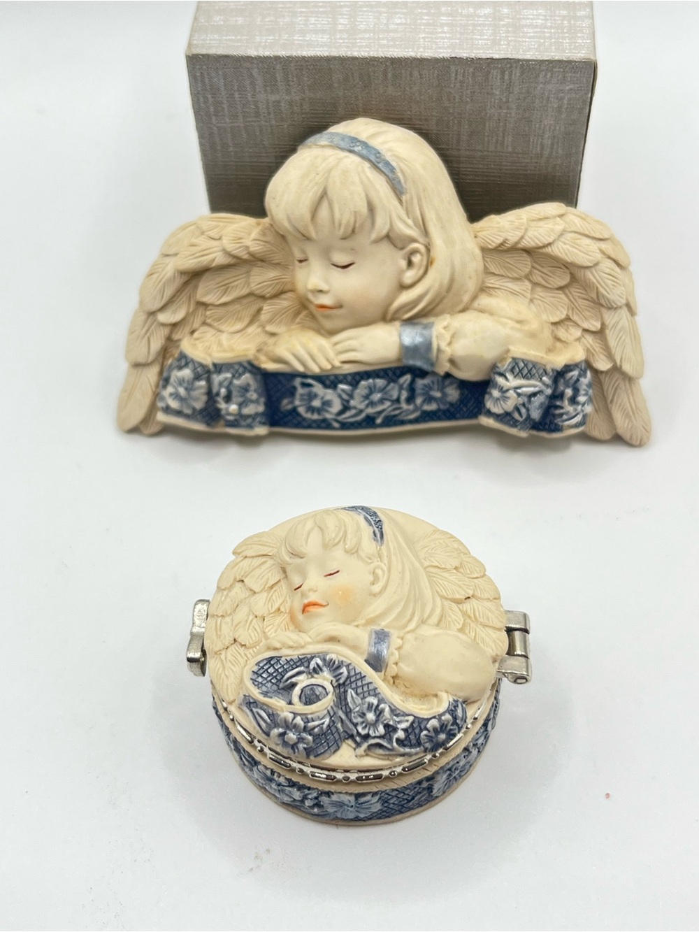 Ivory and Blue Cast Resin Angel Magnet and Trinket Box Set